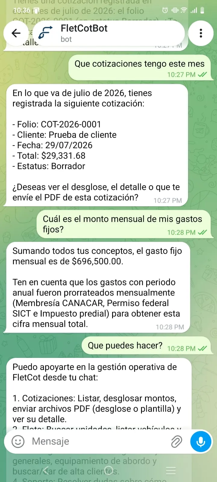 Conversación con el asistente de FletCot en Telegram