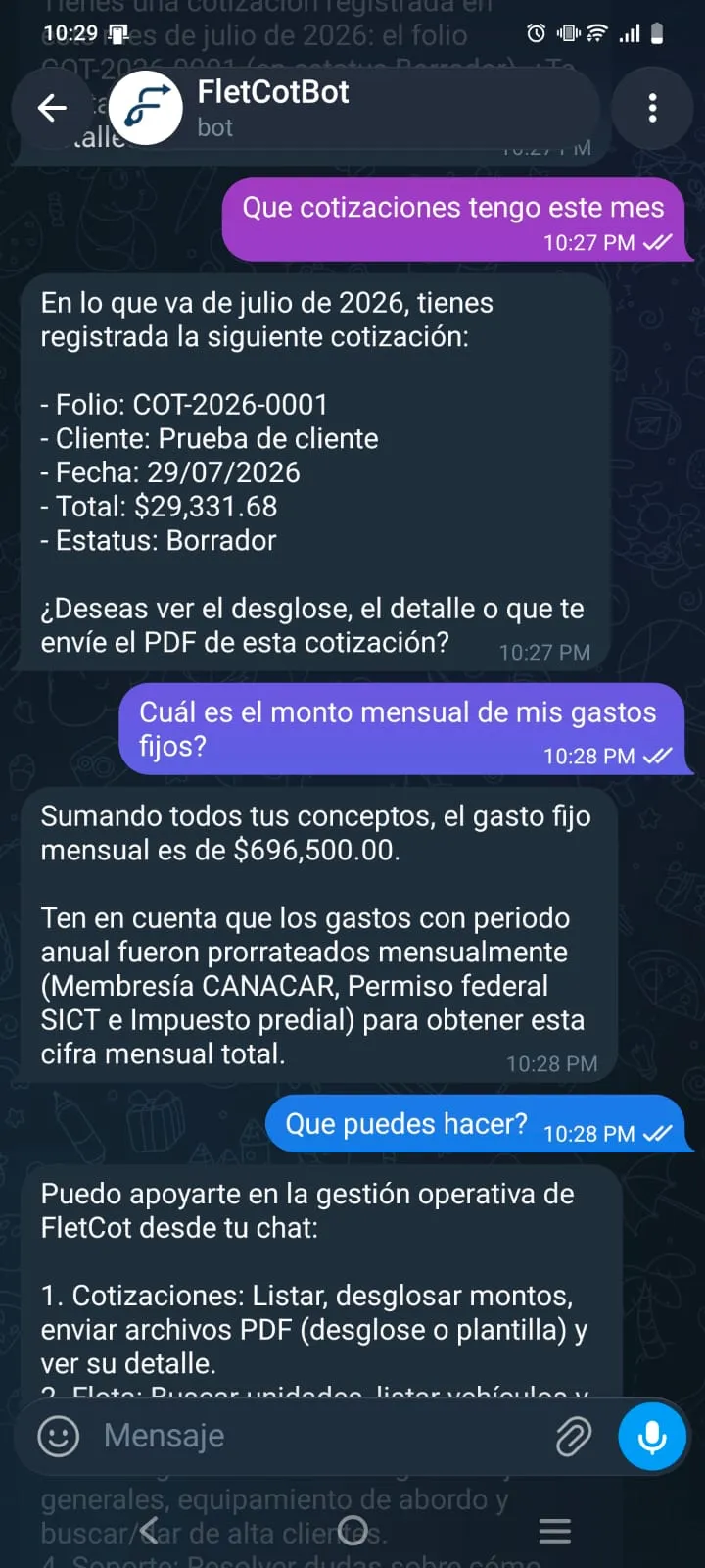 Conversación con el asistente de FletCot en Telegram